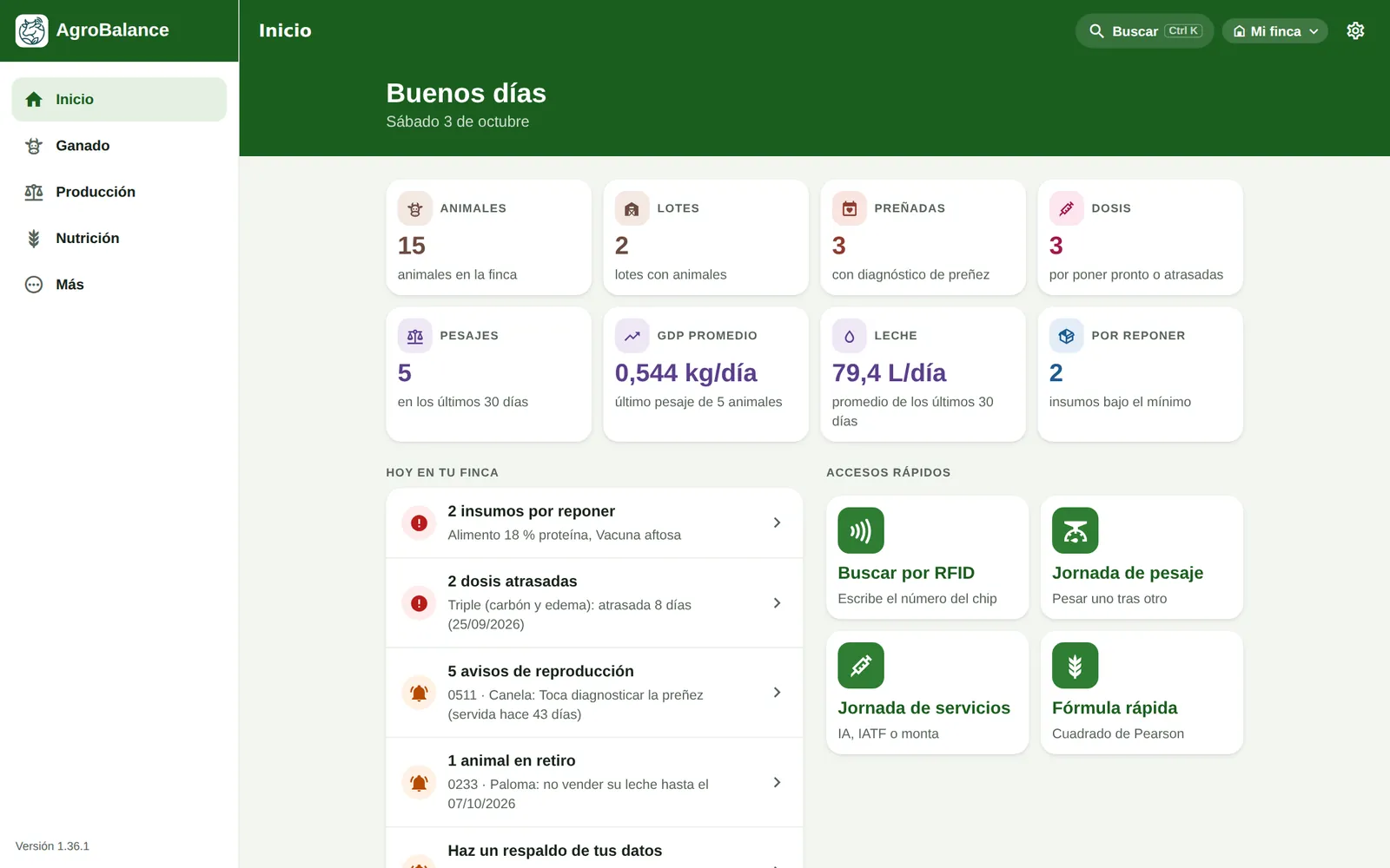Ganova en el computador: inicio con el resumen de animales, lotes, preñadas, leche y avisos del día