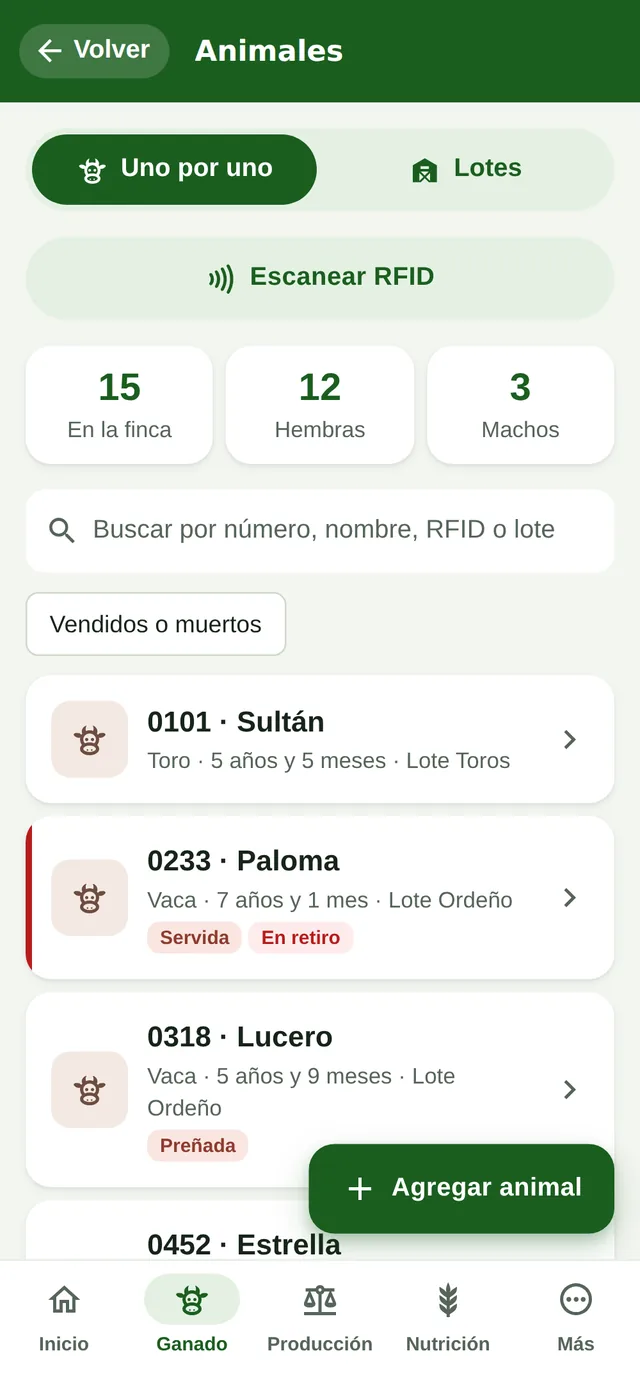 Ganova en el teléfono: la lista de animales con buscador y escáner RFID
