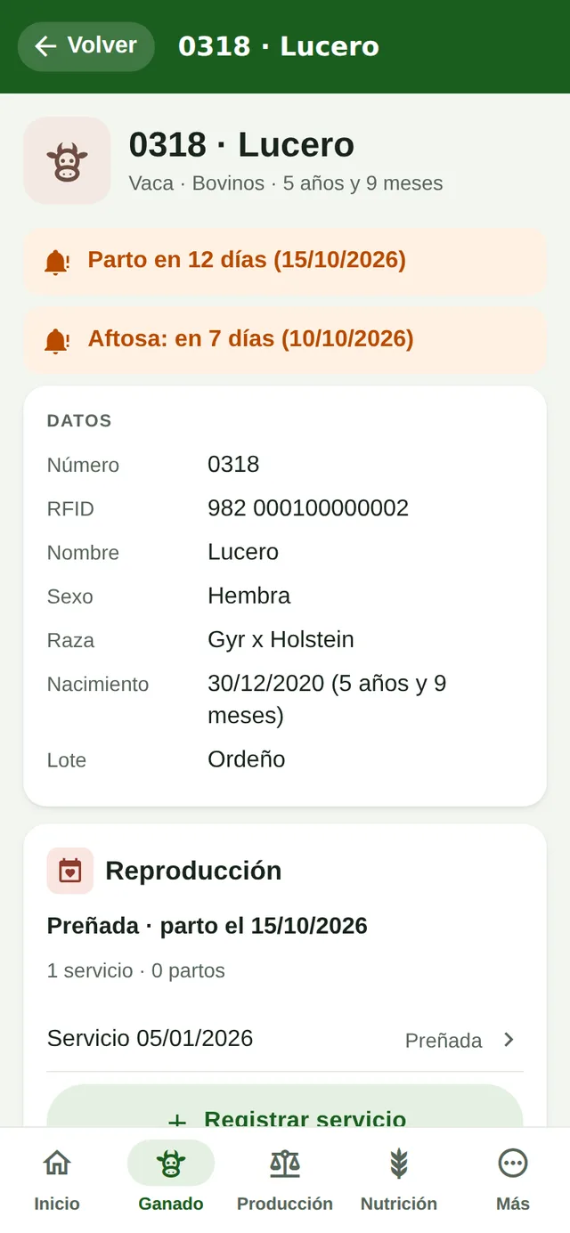 Ficha de un animal en el teléfono