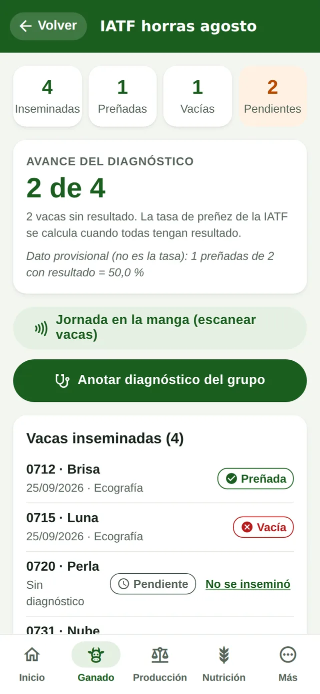 Campaña IATF en el teléfono con vacas inseminadas, preñadas, vacías y pendientes