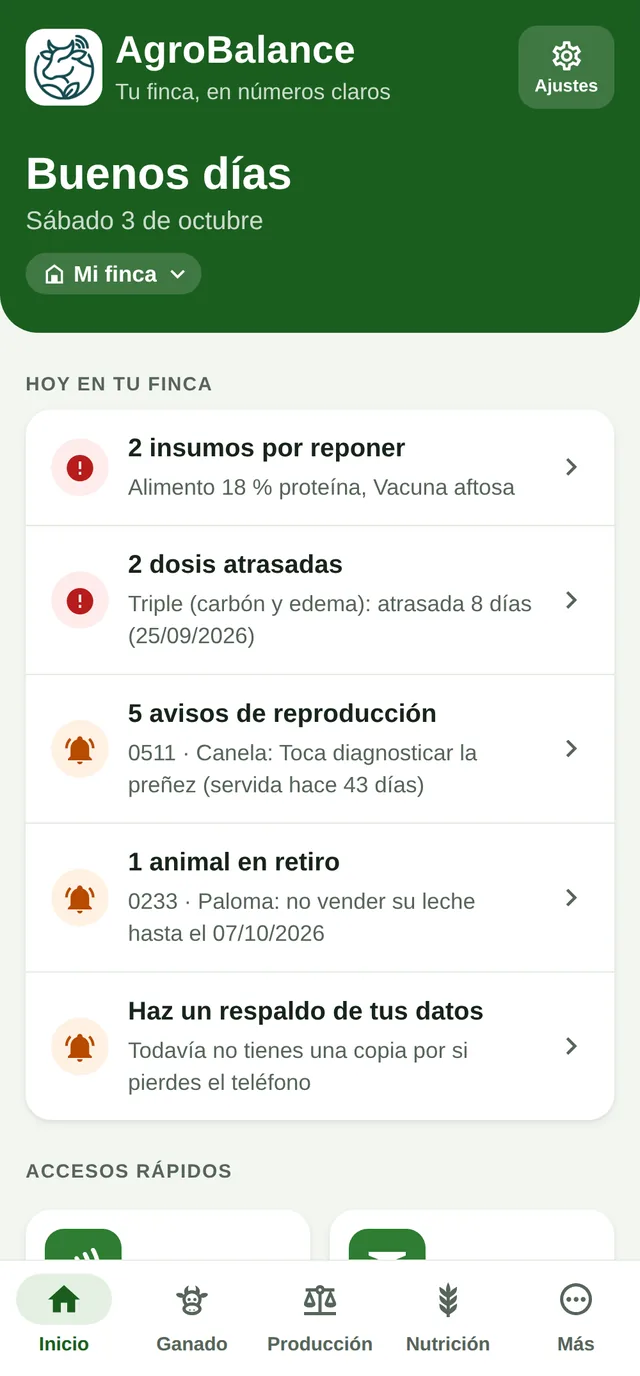 Inicio de Ganova en el teléfono con los avisos del día