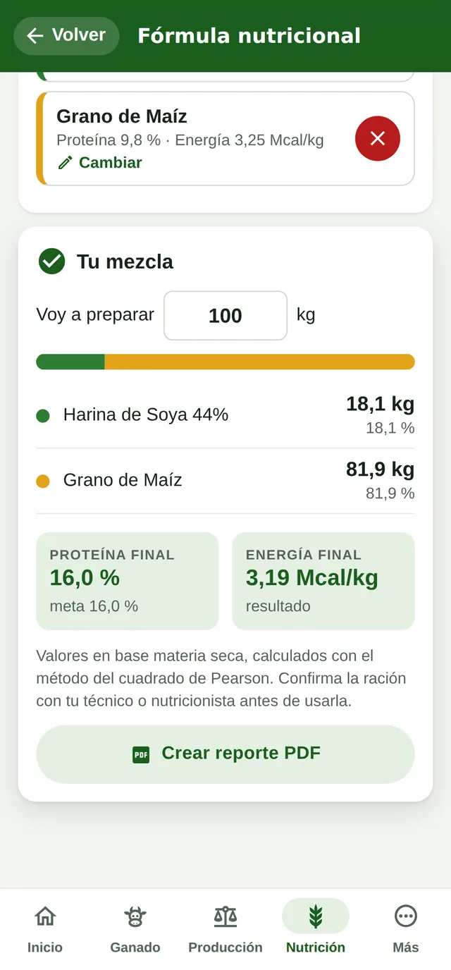 Fórmula rápida en el teléfono con el resultado y el botón Crear reporte PDF