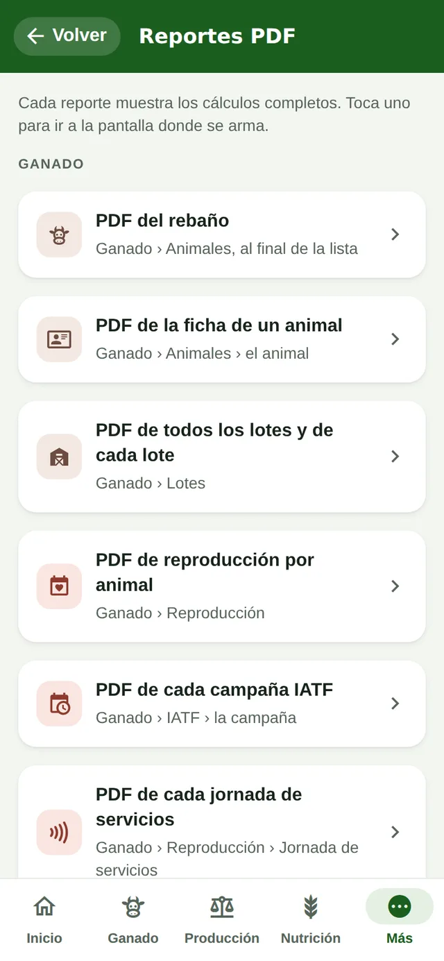 Centro de reportes en formato PDF en el teléfono
