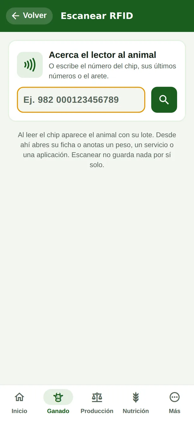 Pantalla Escanear RFID en el teléfono para acercar el lector al animal