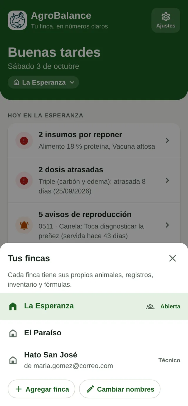 Selector de fincas abierto desde Inicio para cambiar de finca con un toque